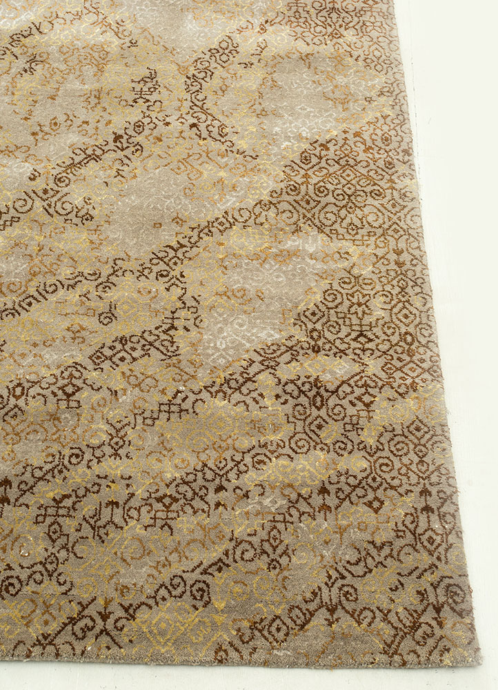 pansy beige and brown wool and silk hand knotted Rug - Corner