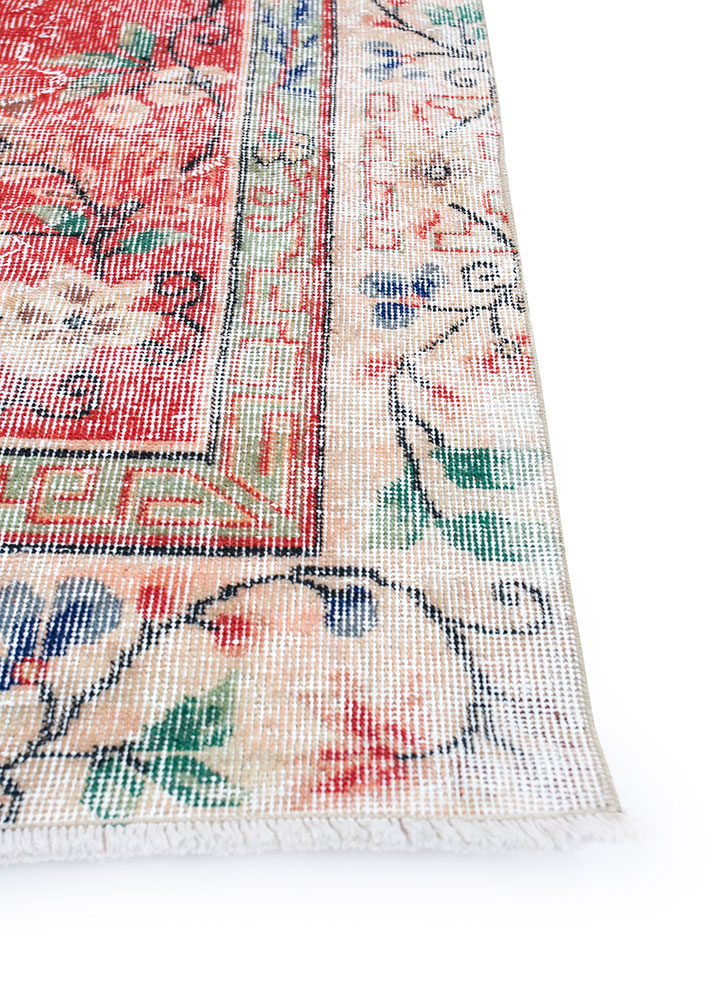 vintage red and orange wool hand knotted Rug - Corner