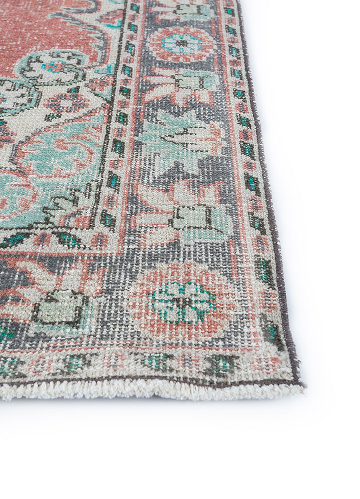 vintage red and orange wool hand knotted Rug - Corner