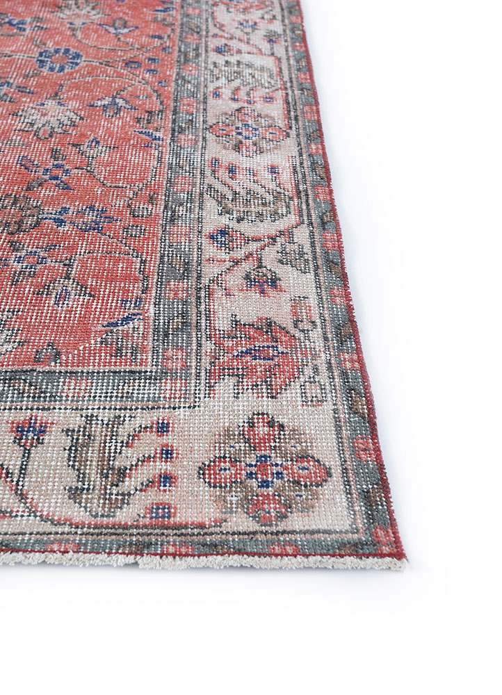 vintage red and orange wool hand knotted Rug - Corner