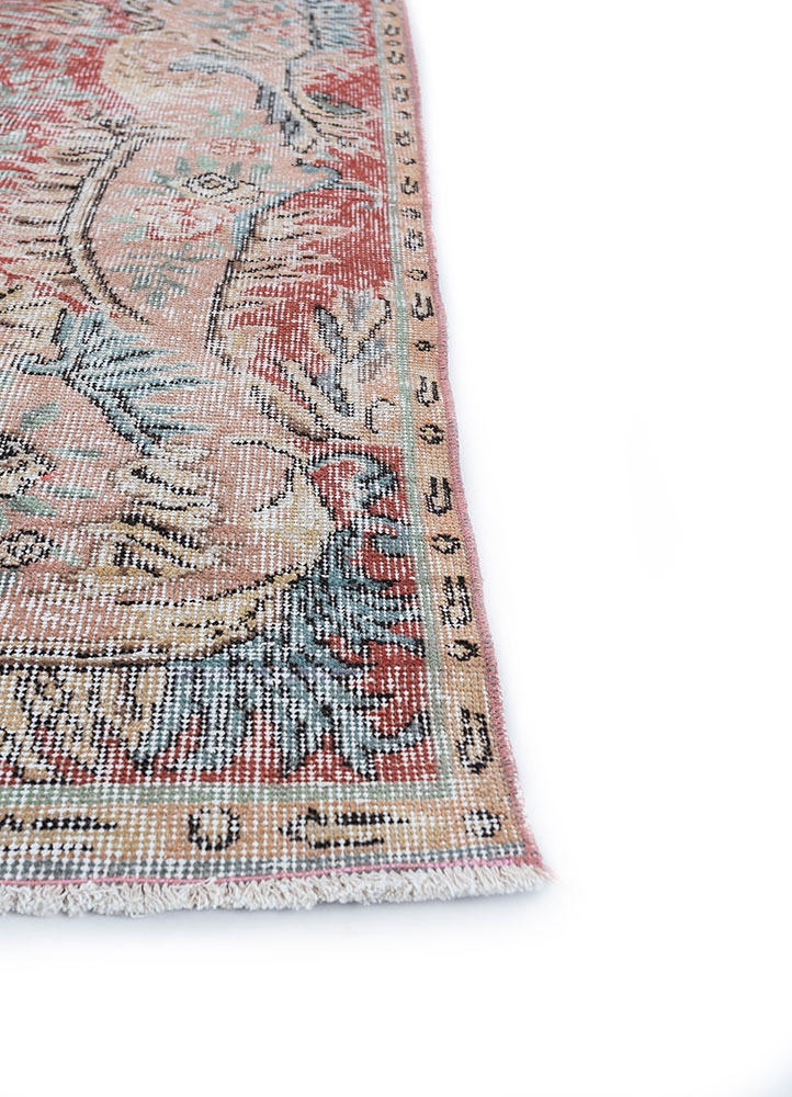 vintage red and orange wool hand knotted Rug - Corner