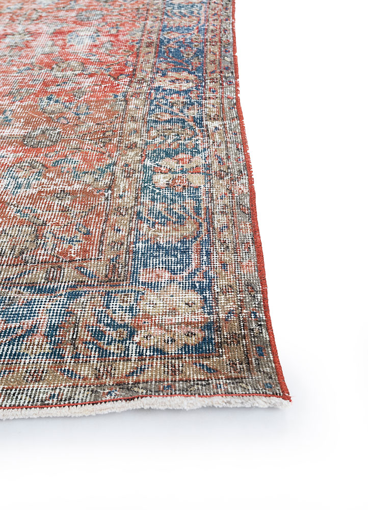 vintage red and orange wool hand knotted Rug - Corner
