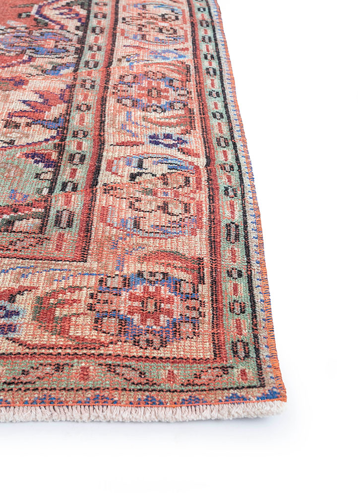 vintage red and orange wool hand knotted Rug - Corner