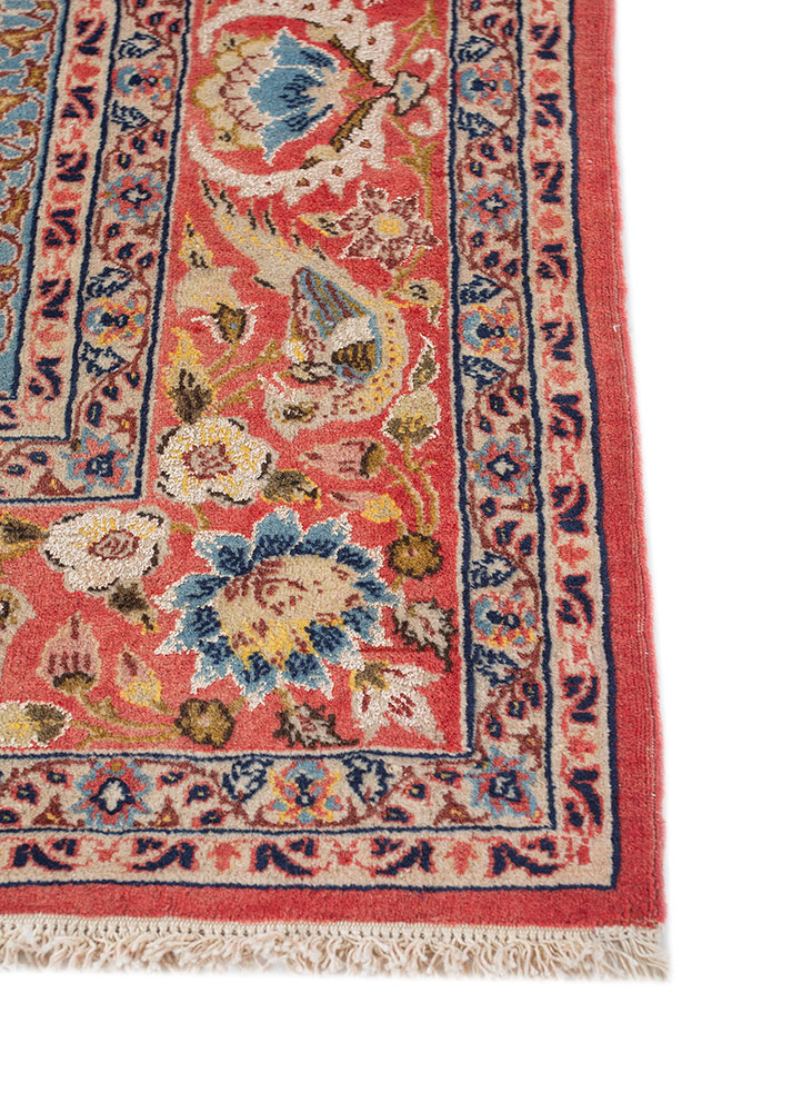 aalam red and orange wool and silk hand knotted Rug - Corner