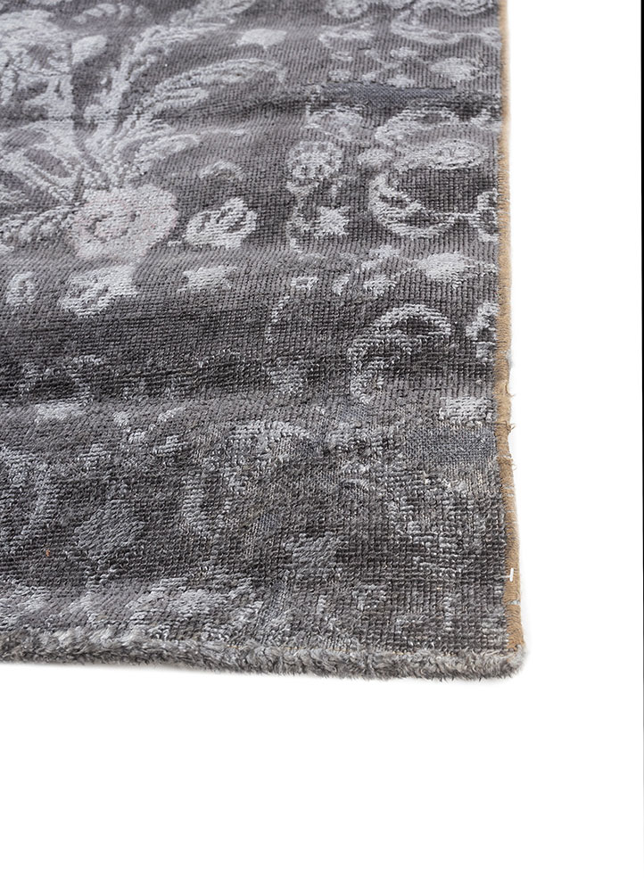 azalea grey and black wool and silk hand knotted Rug - Corner