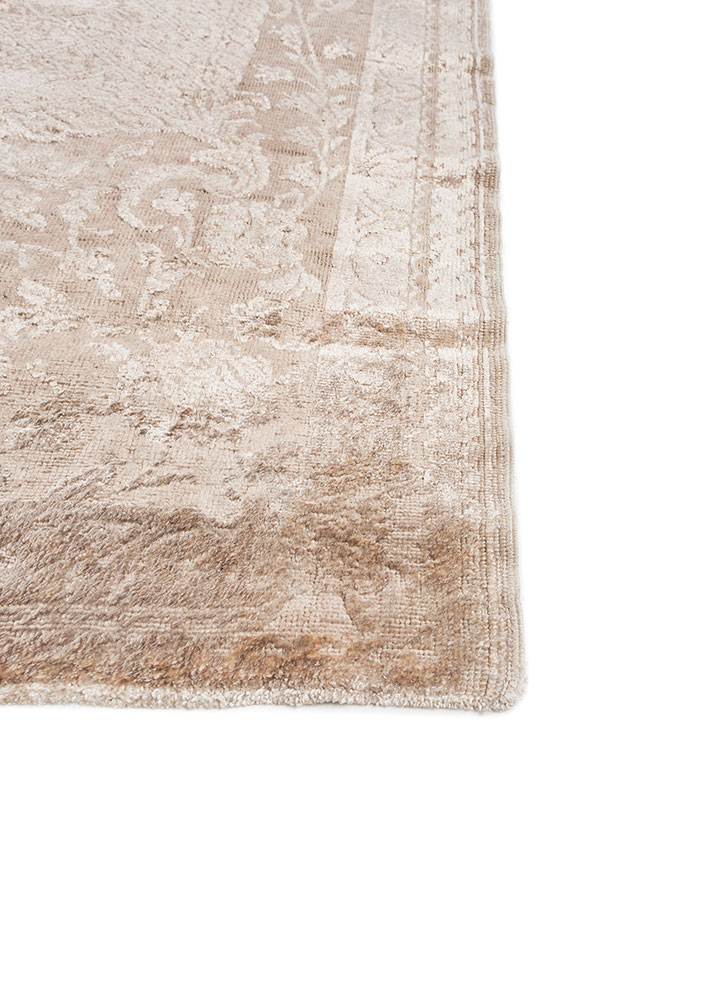 aalam beige and brown wool and silk hand knotted Rug - Corner