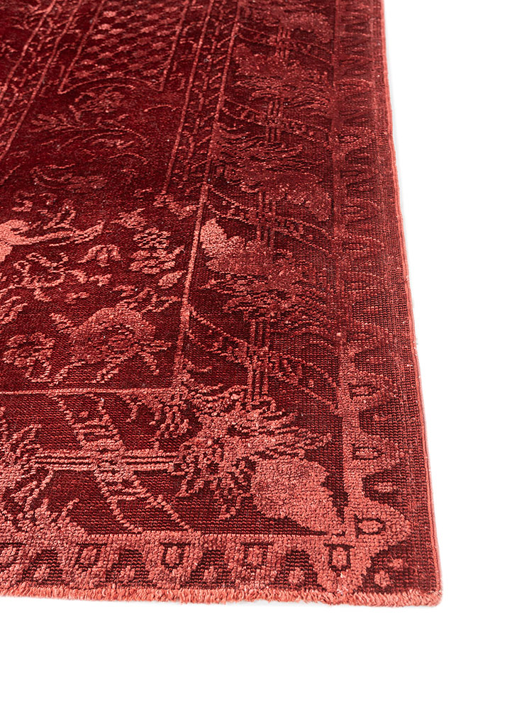 aalam red and orange wool and silk hand knotted Rug - Corner