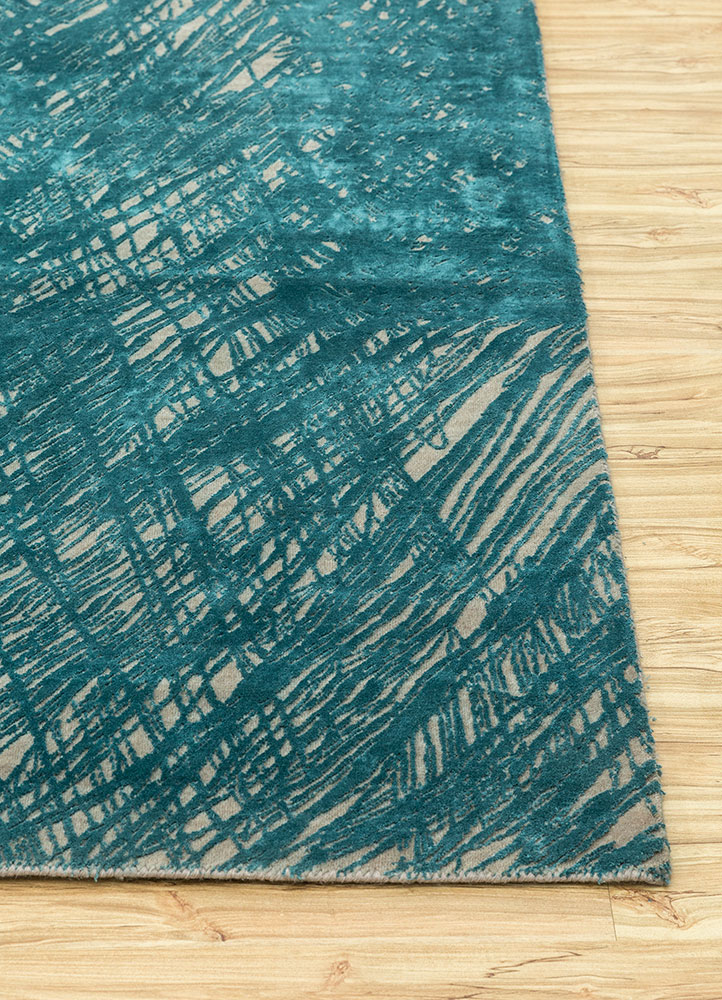 free verse by kavi blue wool and silk hand knotted Rug - Corner