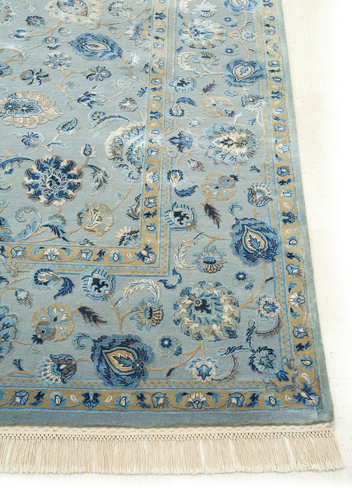 aurora blue wool and silk hand knotted Rug - Corner