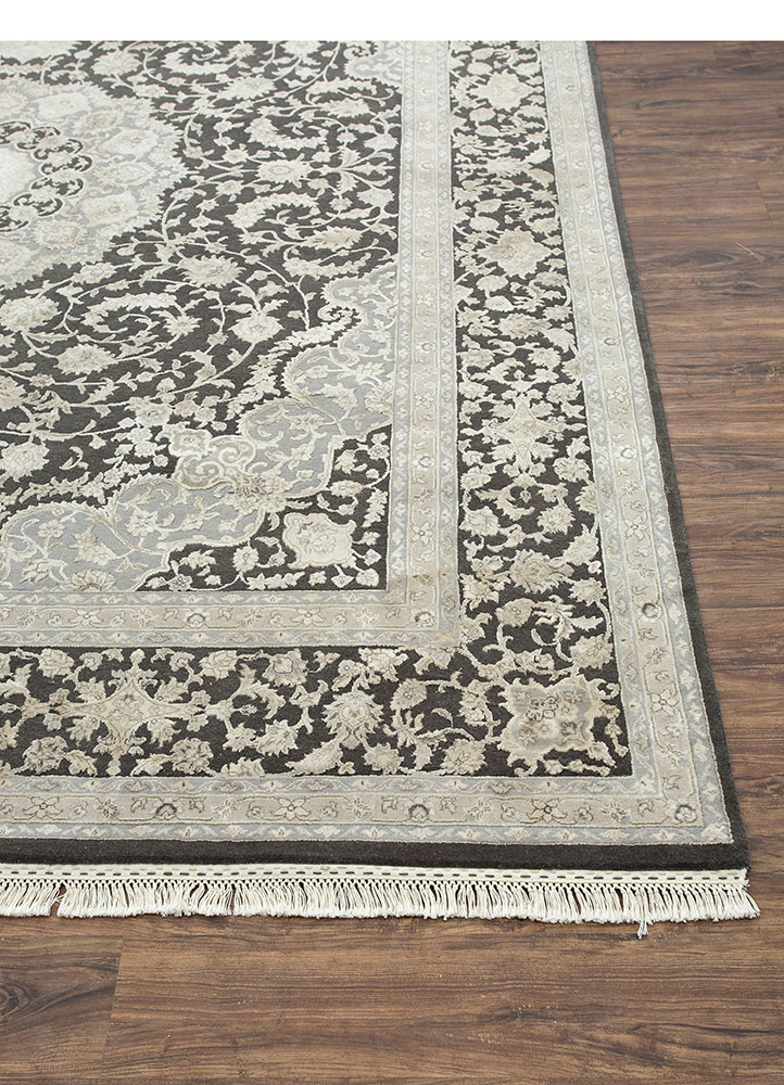 aurora grey and black wool and silk hand knotted Rug - Corner