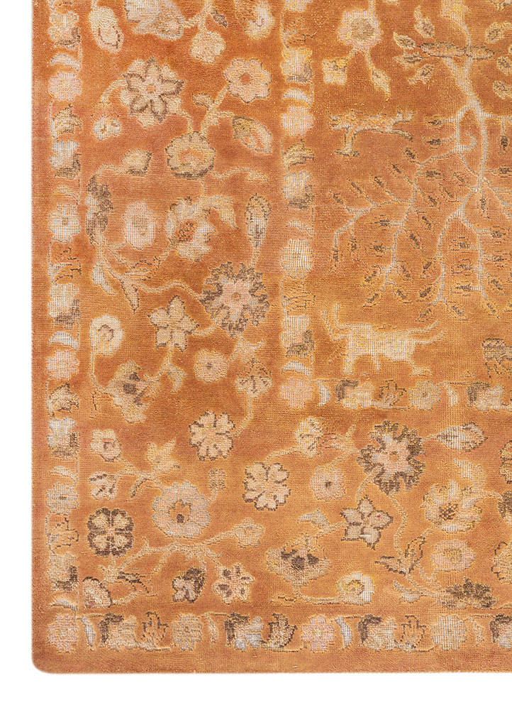 far east red and orange wool and silk hand knotted Rug - Corner