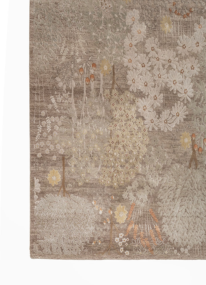 far east beige and brown wool and silk hand knotted Rug - Corner