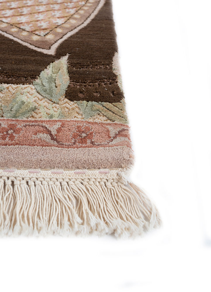 inde rose beige and brown wool and silk hand knotted Rug - Corner