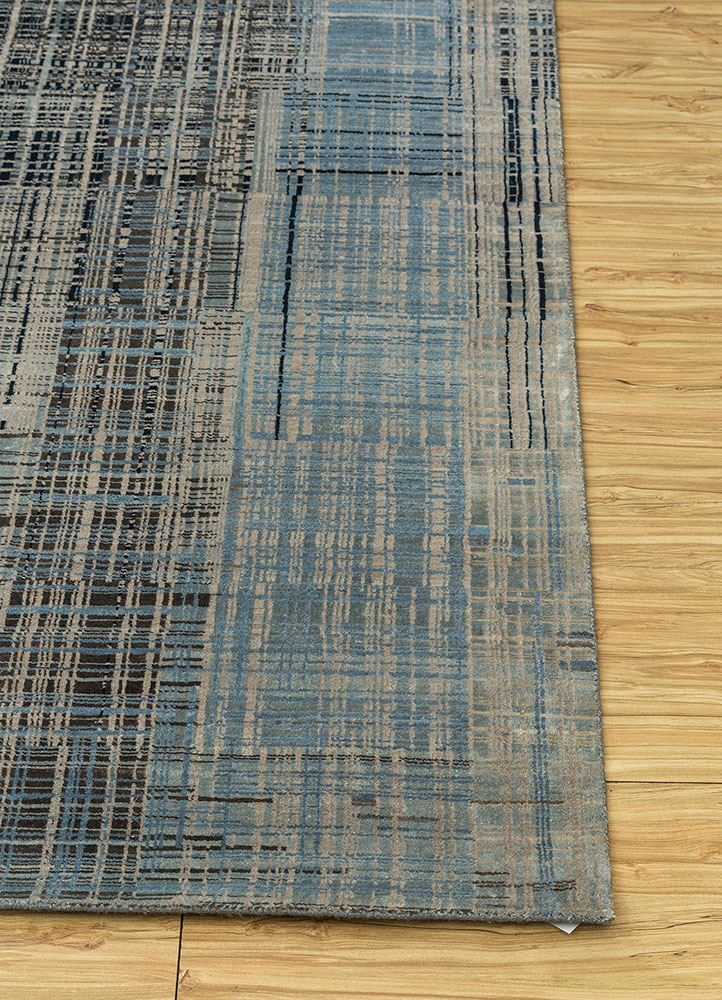 unstring by kavi blue wool and bamboo silk hand knotted Rug - Corner