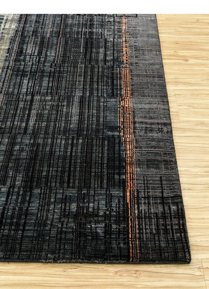 unstring by kavi grey and black wool and bamboo silk hand knotted Rug - Corner