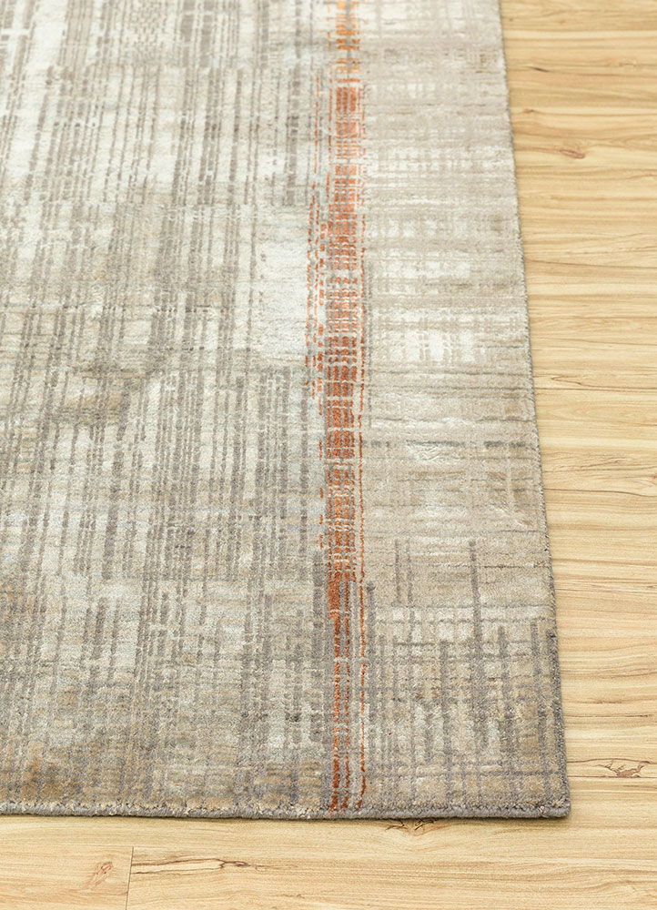 unstring by kavi beige and brown wool and bamboo silk hand knotted Rug - Corner