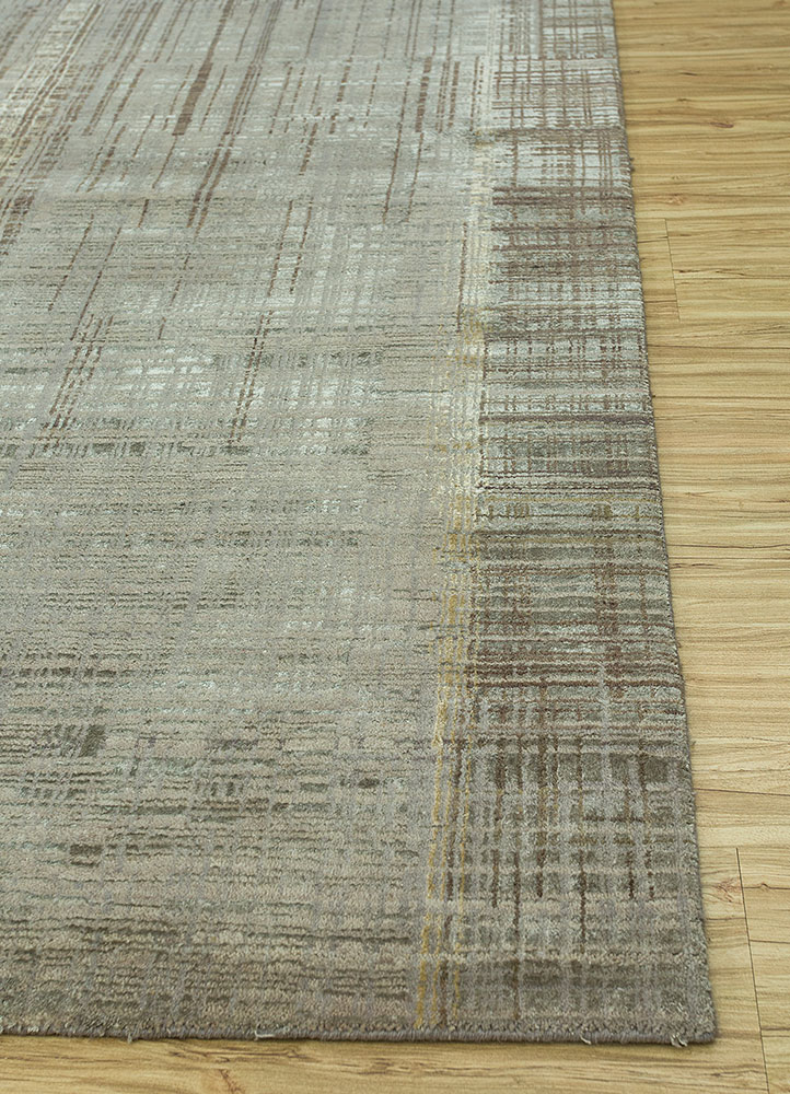 unstring by kavi beige and brown wool and bamboo silk hand knotted Rug - Corner