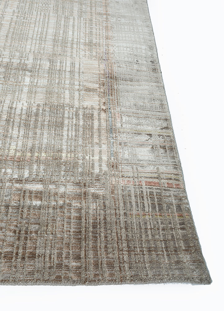 unstring by kavi beige and brown wool and bamboo silk hand knotted Rug - Corner