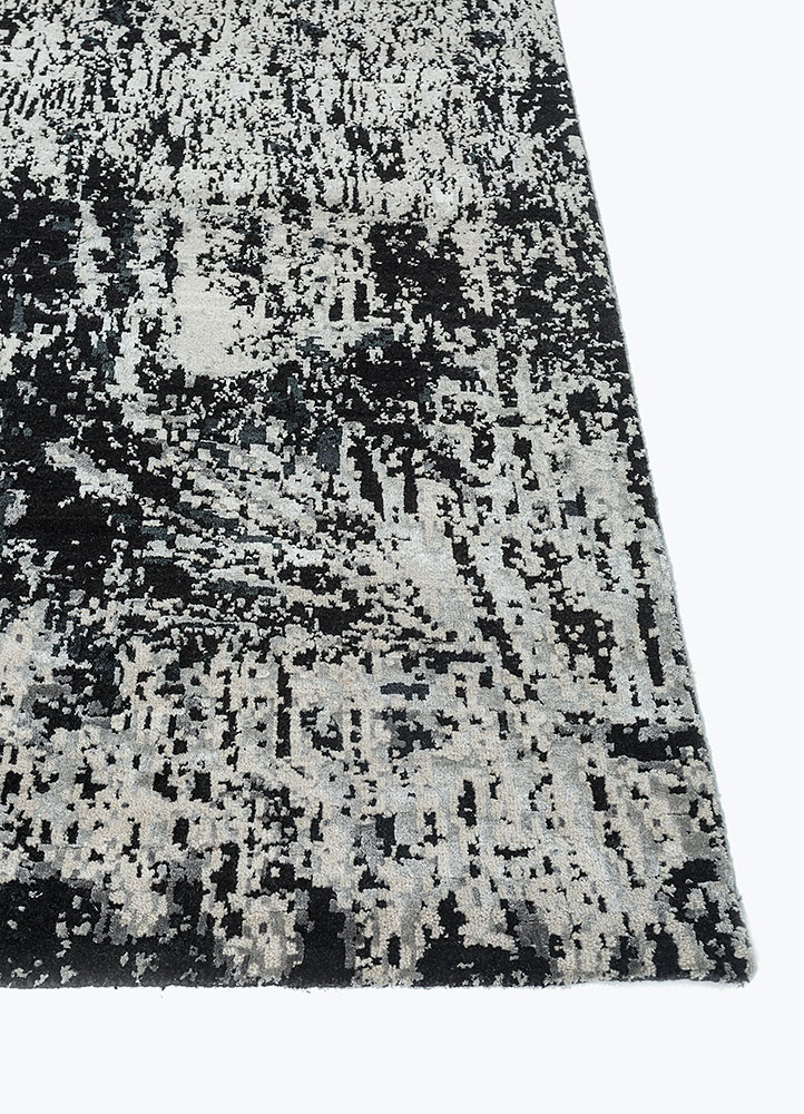 unstring by kavi grey and black wool and bamboo silk hand knotted Rug - Corner