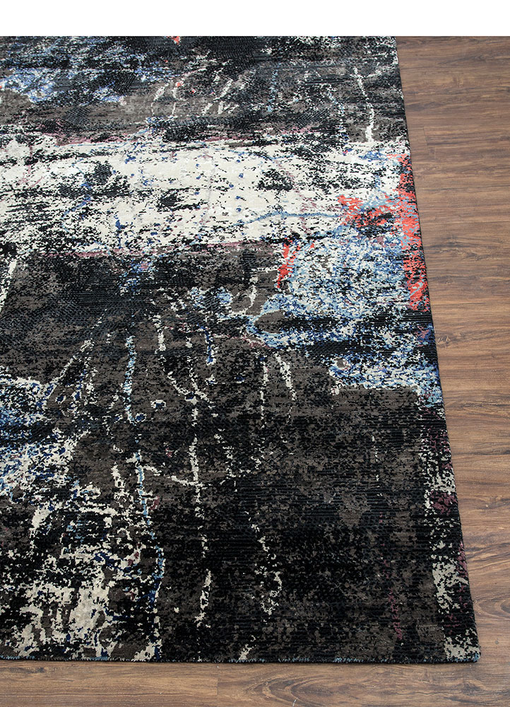 unstring by kavi grey and black wool and bamboo silk hand knotted Rug - Corner