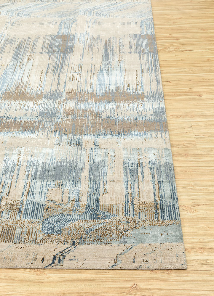 unstring by kavi beige and brown wool and bamboo silk hand knotted Rug - Corner