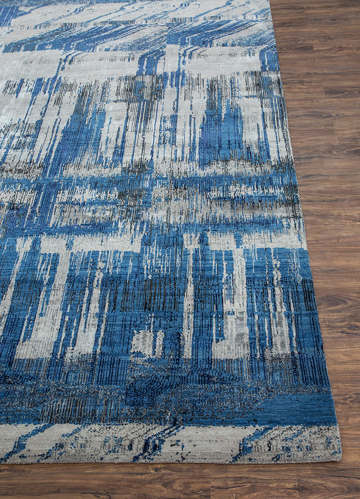 unstring by kavi blue wool and bamboo silk hand knotted Rug - Corner