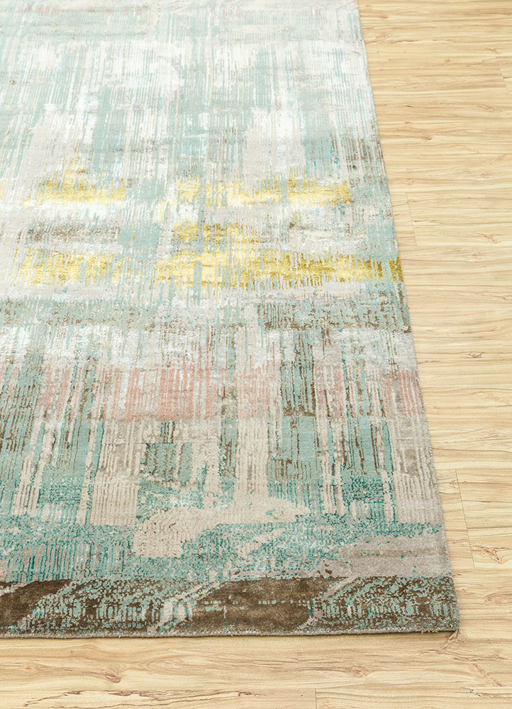 unstring by kavi green wool and bamboo silk hand knotted Rug - Corner
