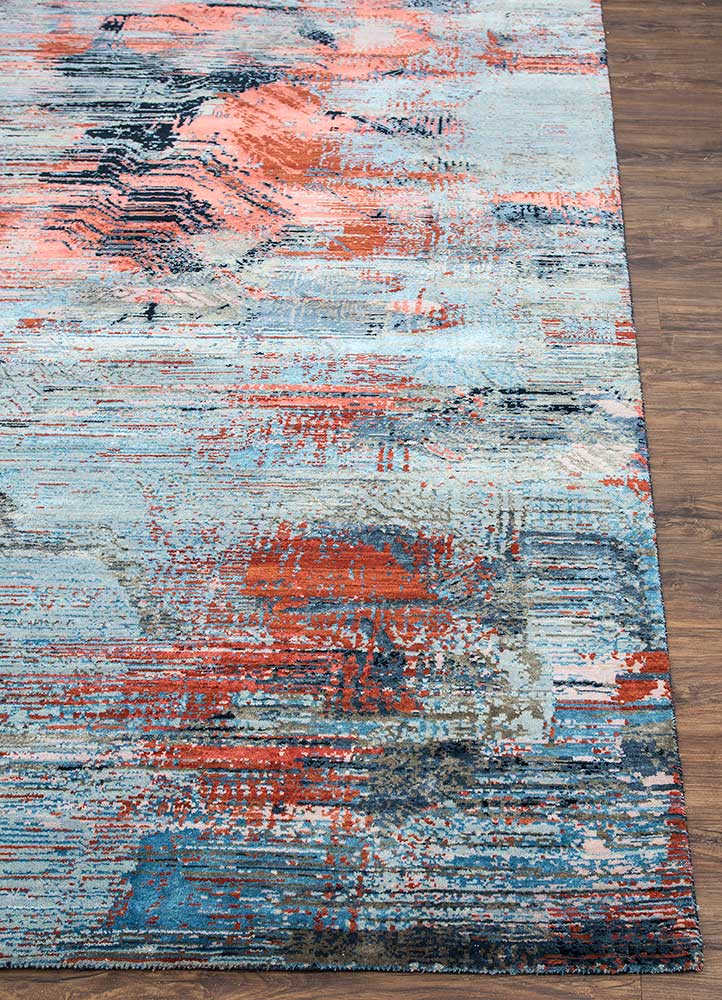 unstring by kavi blue wool and bamboo silk hand knotted Rug - Corner