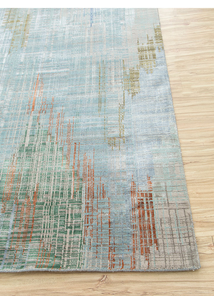 unstring by kavi blue wool and bamboo silk hand knotted Rug - Corner