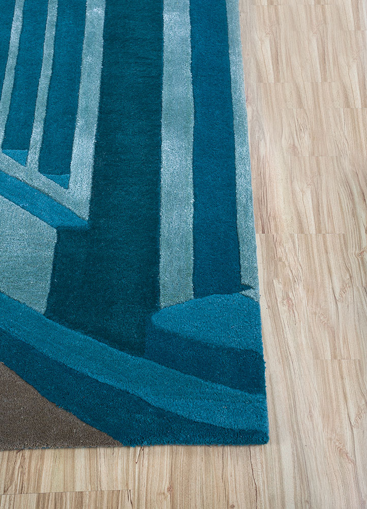linear blue wool and viscose hand tufted Rug - Corner