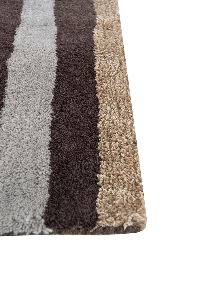linear beige and brown wool and viscose hand tufted Rug - Corner