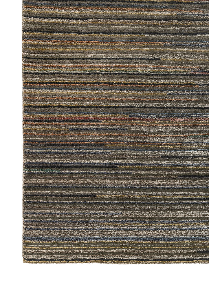 linear beige and brown wool and viscose hand tufted Rug - Corner