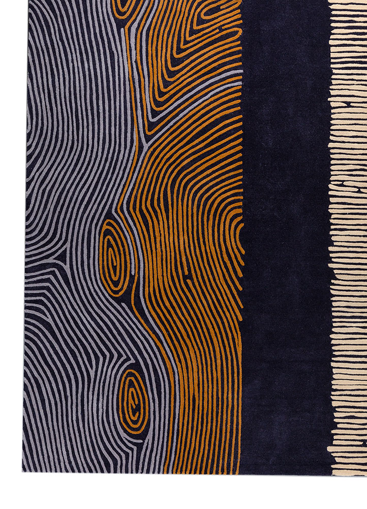linear blue wool hand tufted Rug - Corner