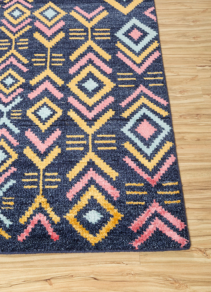 clan blue wool and bamboo silk hand knotted Rug - Corner