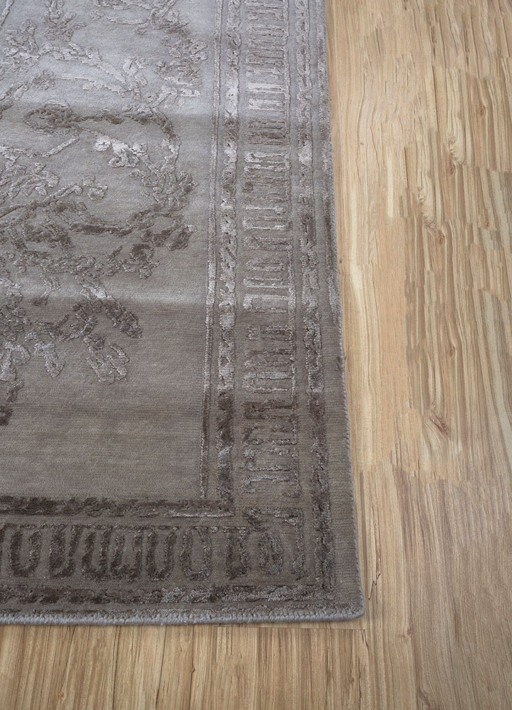 azalea grey and black wool and bamboo silk hand knotted Rug - Corner