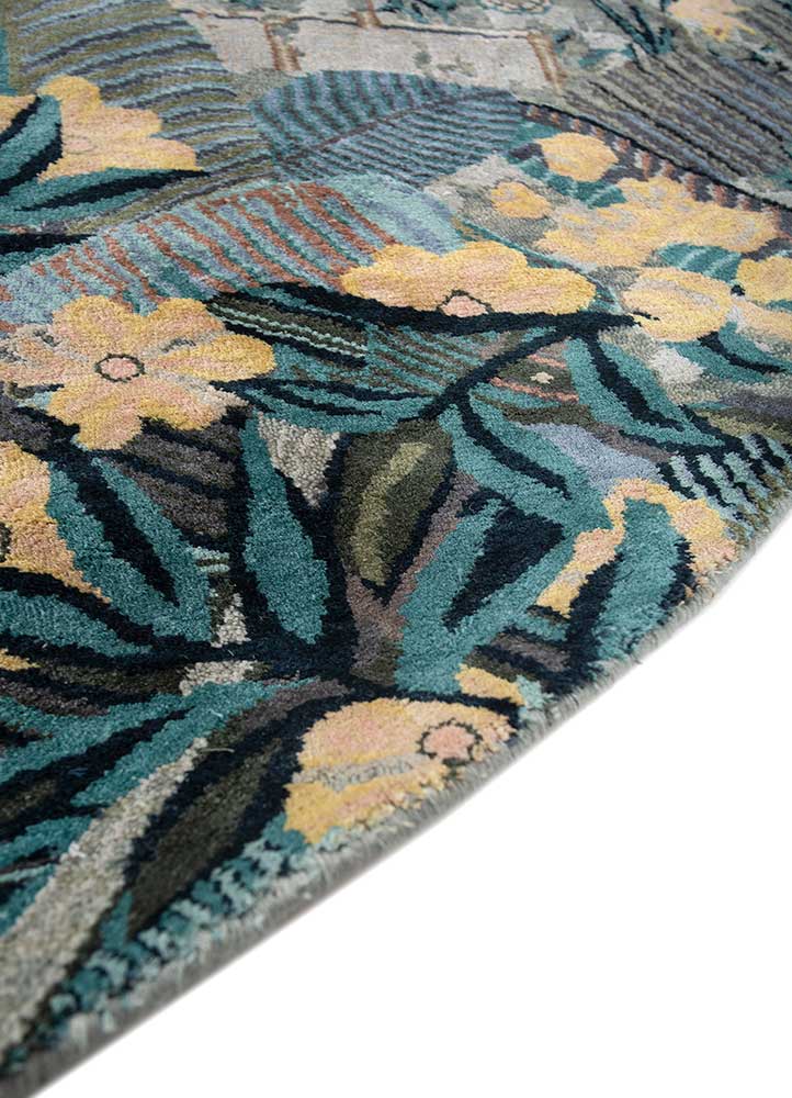 inde rose blue wool and silk hand knotted Rug - Corner