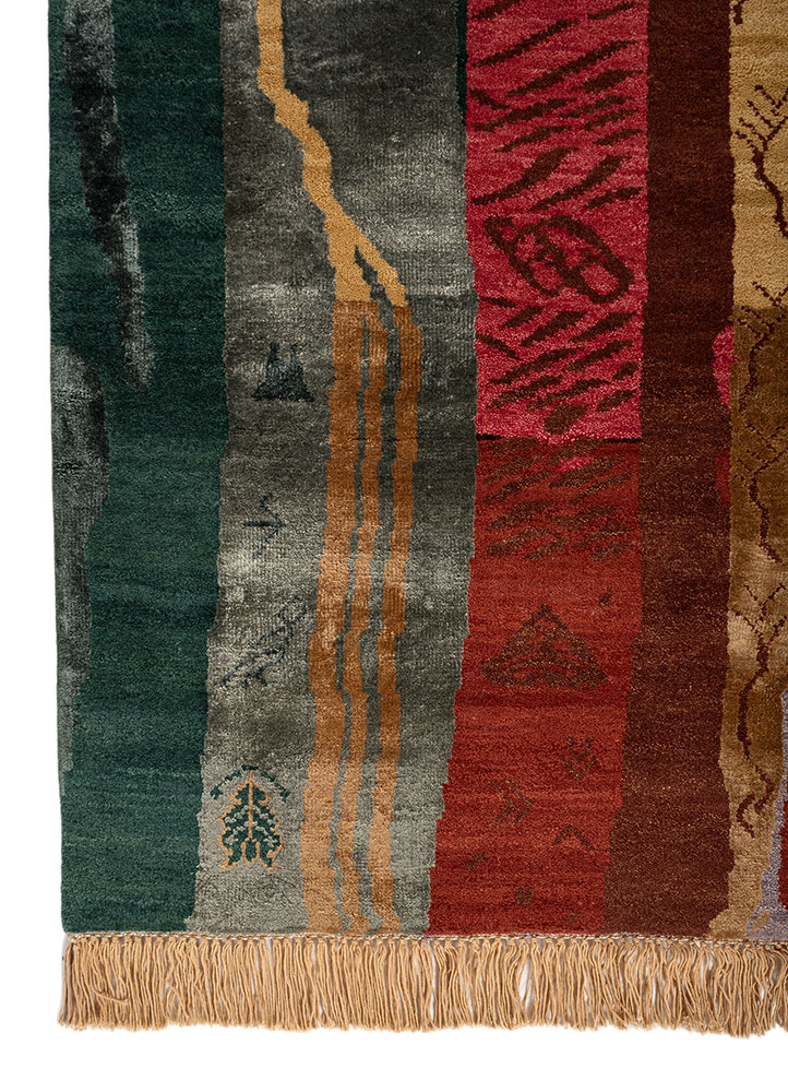manchaha red and orange wool and bamboo silk hand knotted Rug - Corner