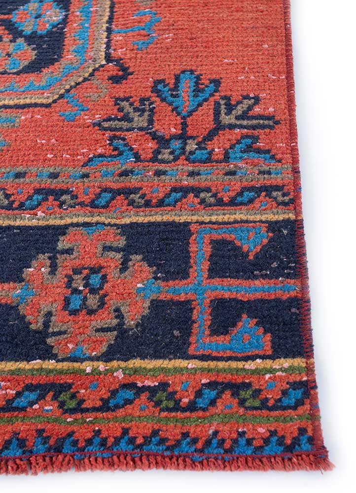 vintage red and orange wool hand knotted Rug - Corner