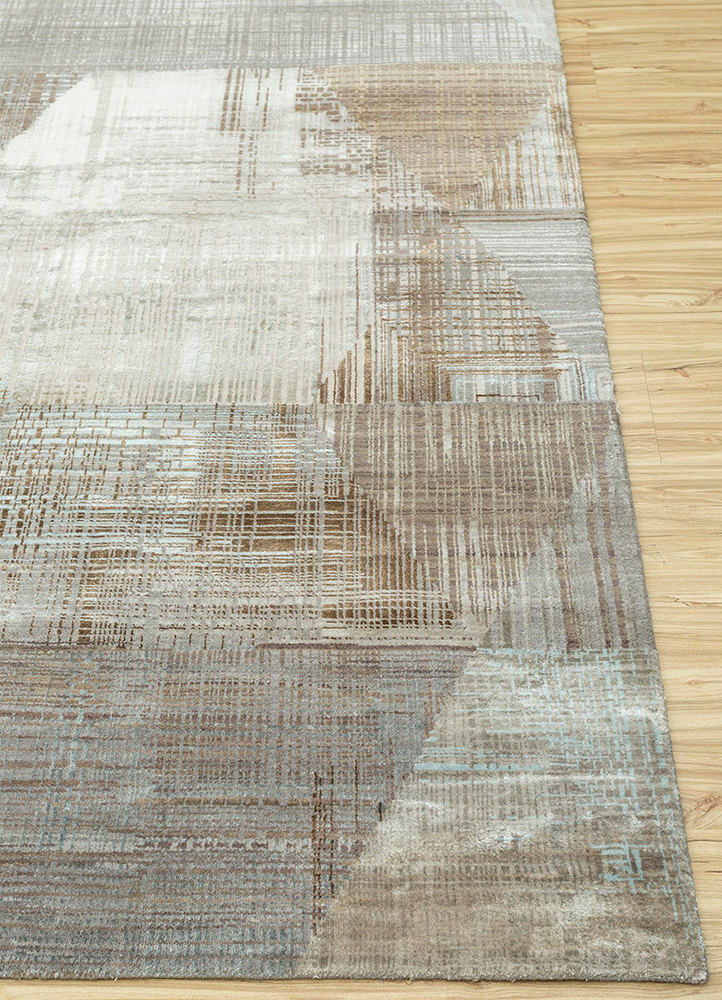 unstring by kavi beige and brown wool and bamboo silk hand knotted Rug - Corner