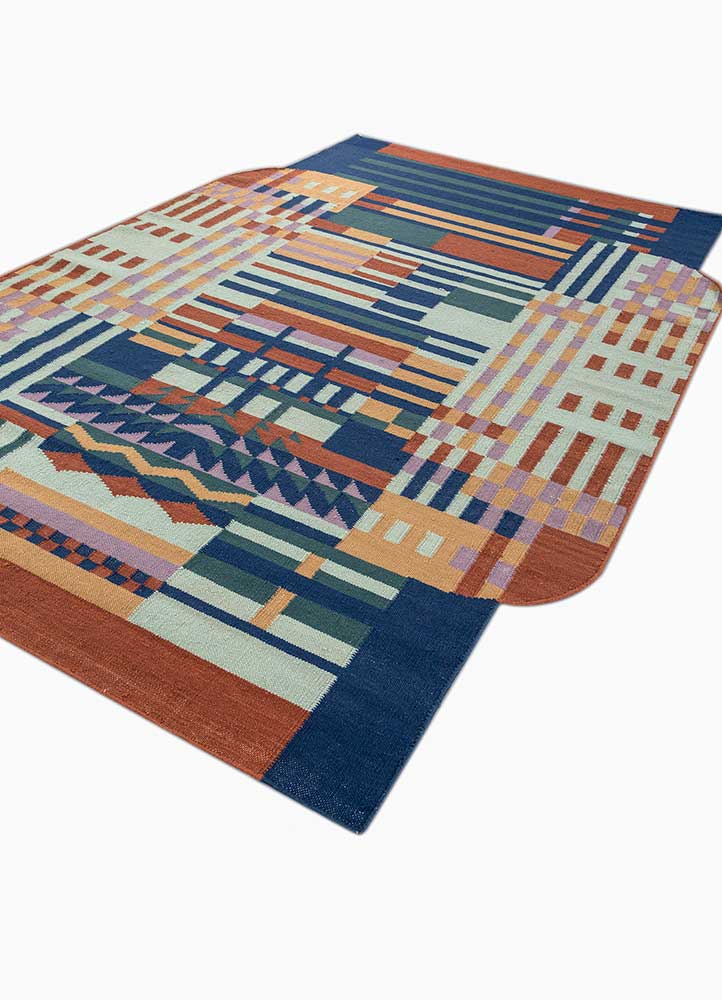 checkers blue wool flat weaves Rug - FloorShot