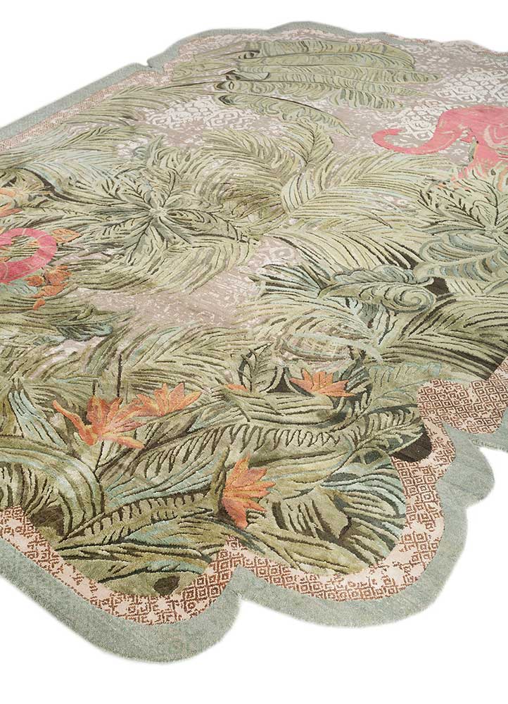 inde rose green wool and silk hand knotted Rug - FloorShot