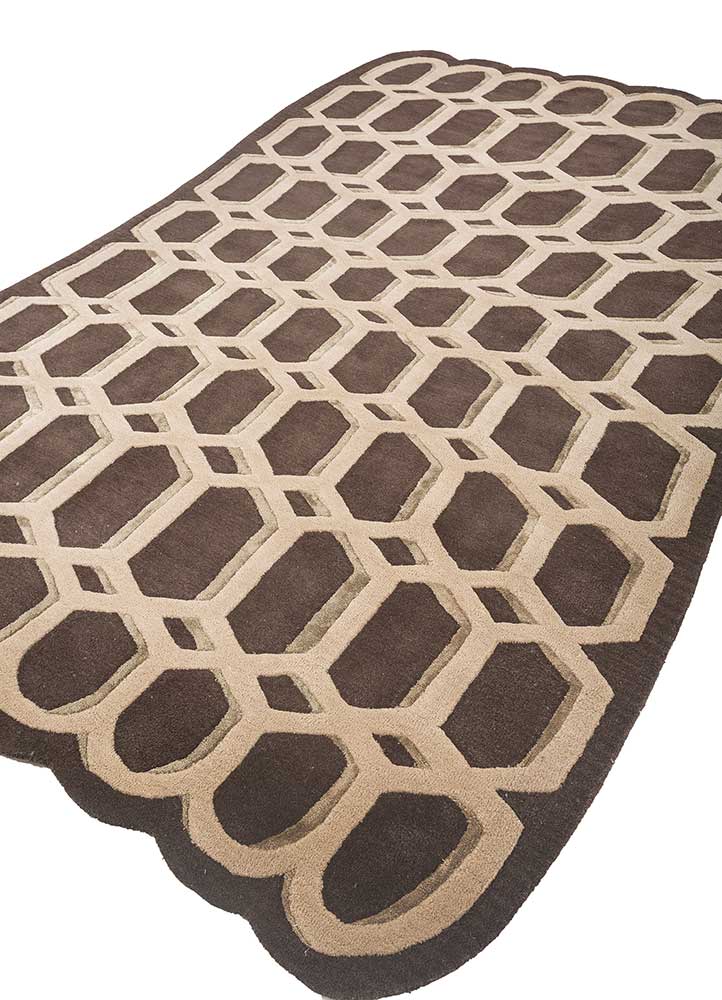linear beige and brown wool and viscose hand tufted Rug - FloorShot