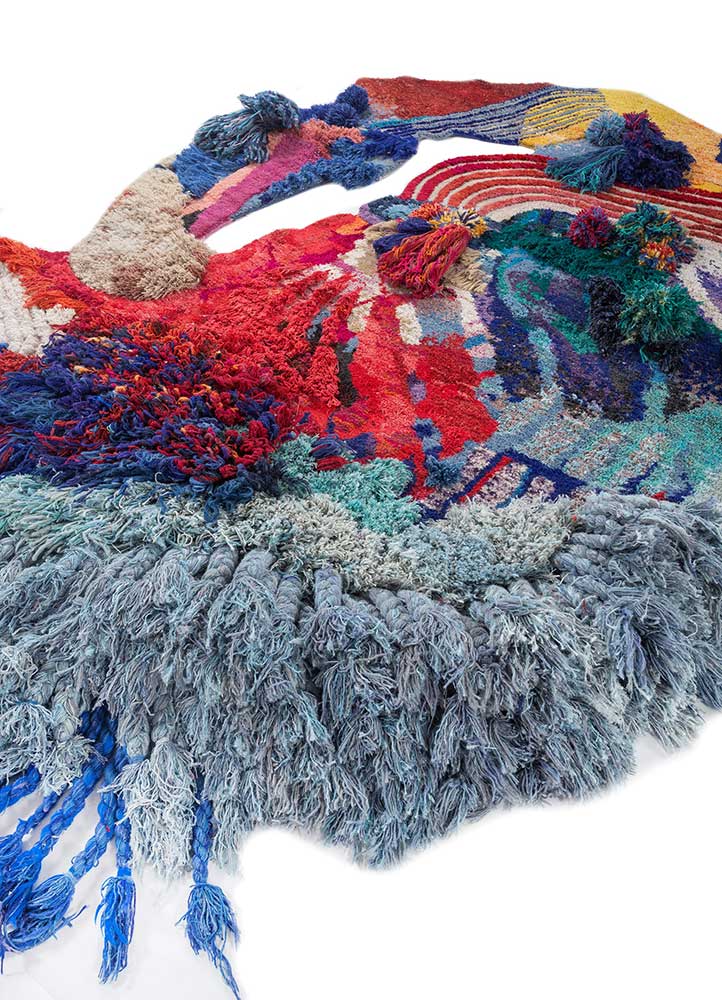wall installation blue wool and bamboo silk hand knotted WALL ART & TAPESTRY - FloorShot
