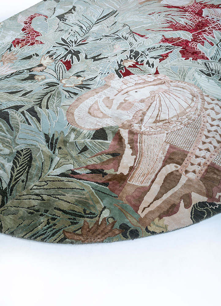 inde rose green wool and silk hand knotted Rug - FloorShot
