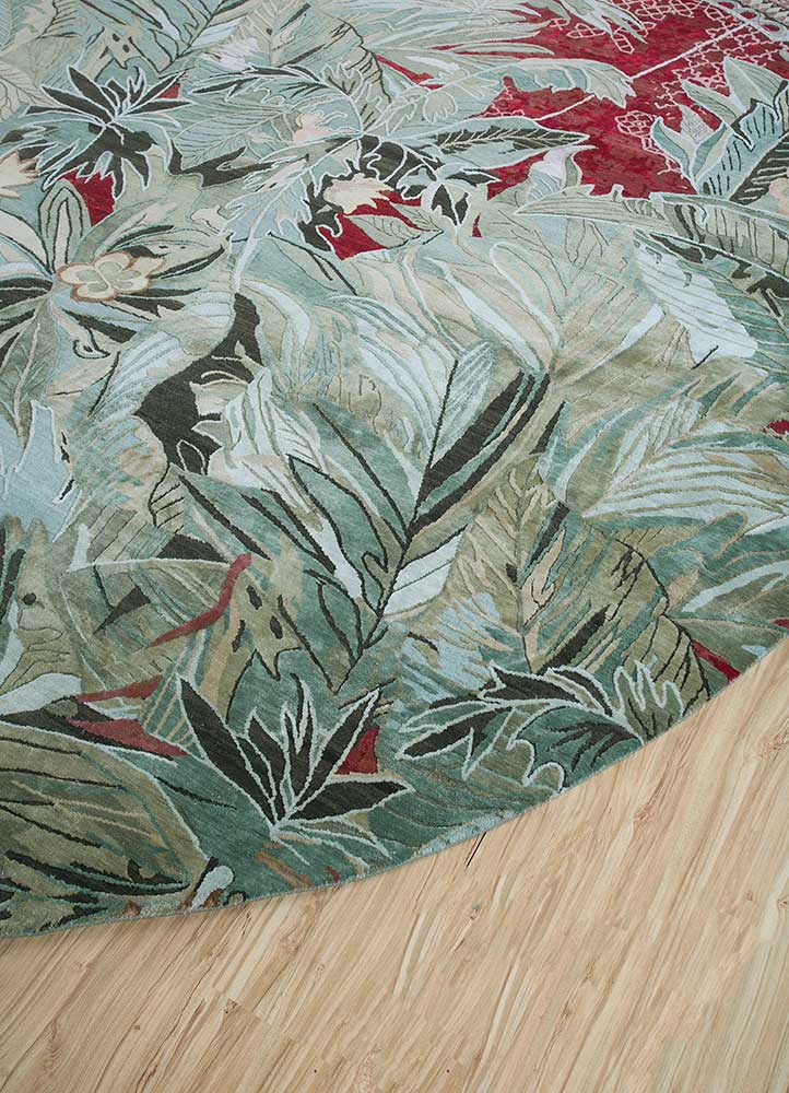 inde rose green wool and silk hand knotted Rug - FloorShot