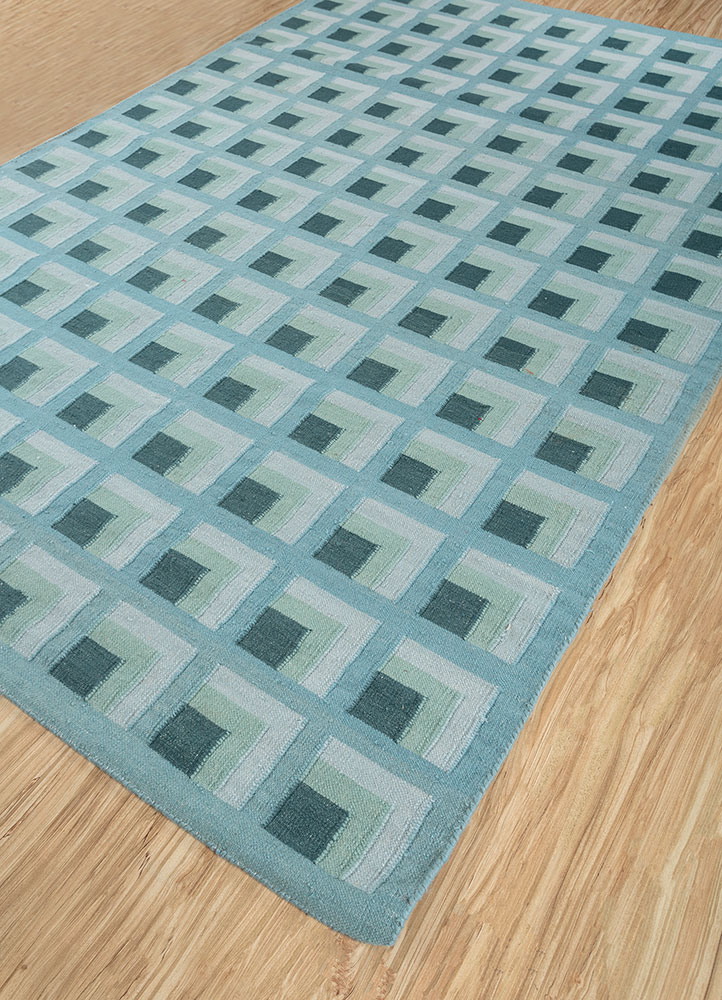 checkers blue wool flat weaves Rug - FloorShot
