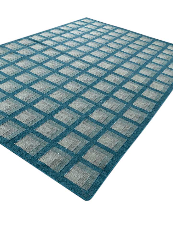 checkers blue wool flat weaves Rug - FloorShot