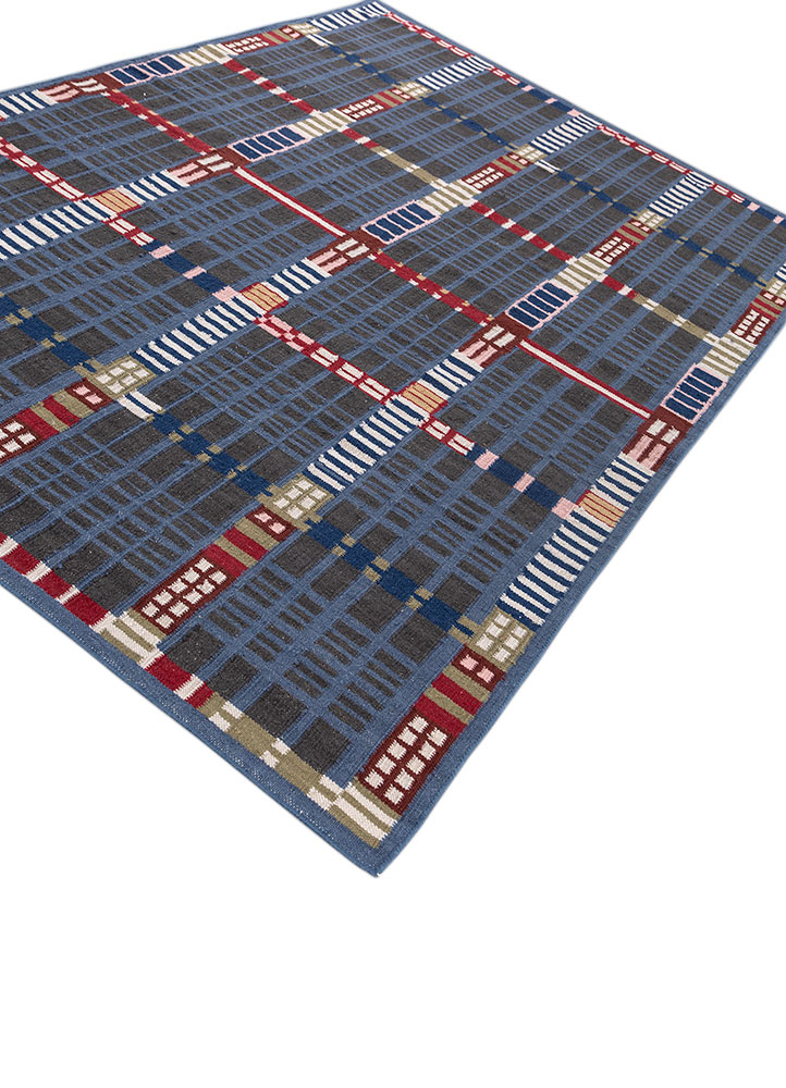 checkers blue wool flat weaves Rug - FloorShot
