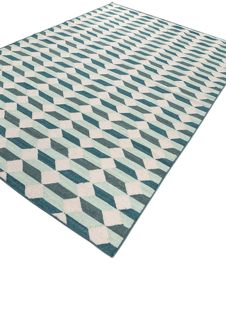 checkers blue wool flat weaves Rug - FloorShot