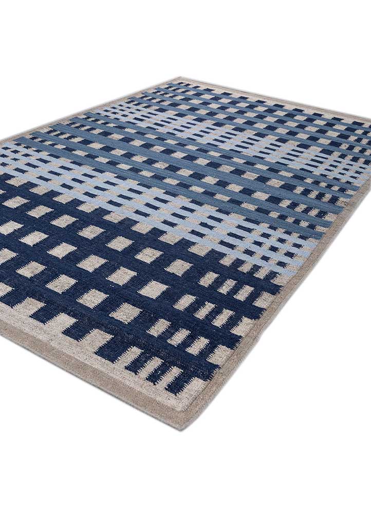 checkers blue wool and viscose flat weaves Rug - FloorShot